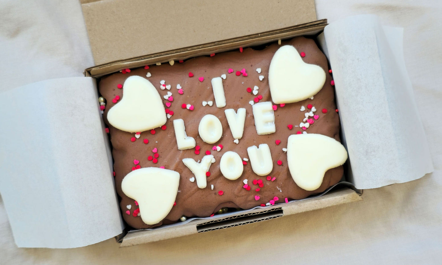 Valentines Day Custom Message Brownie with chocolate/sweet decor