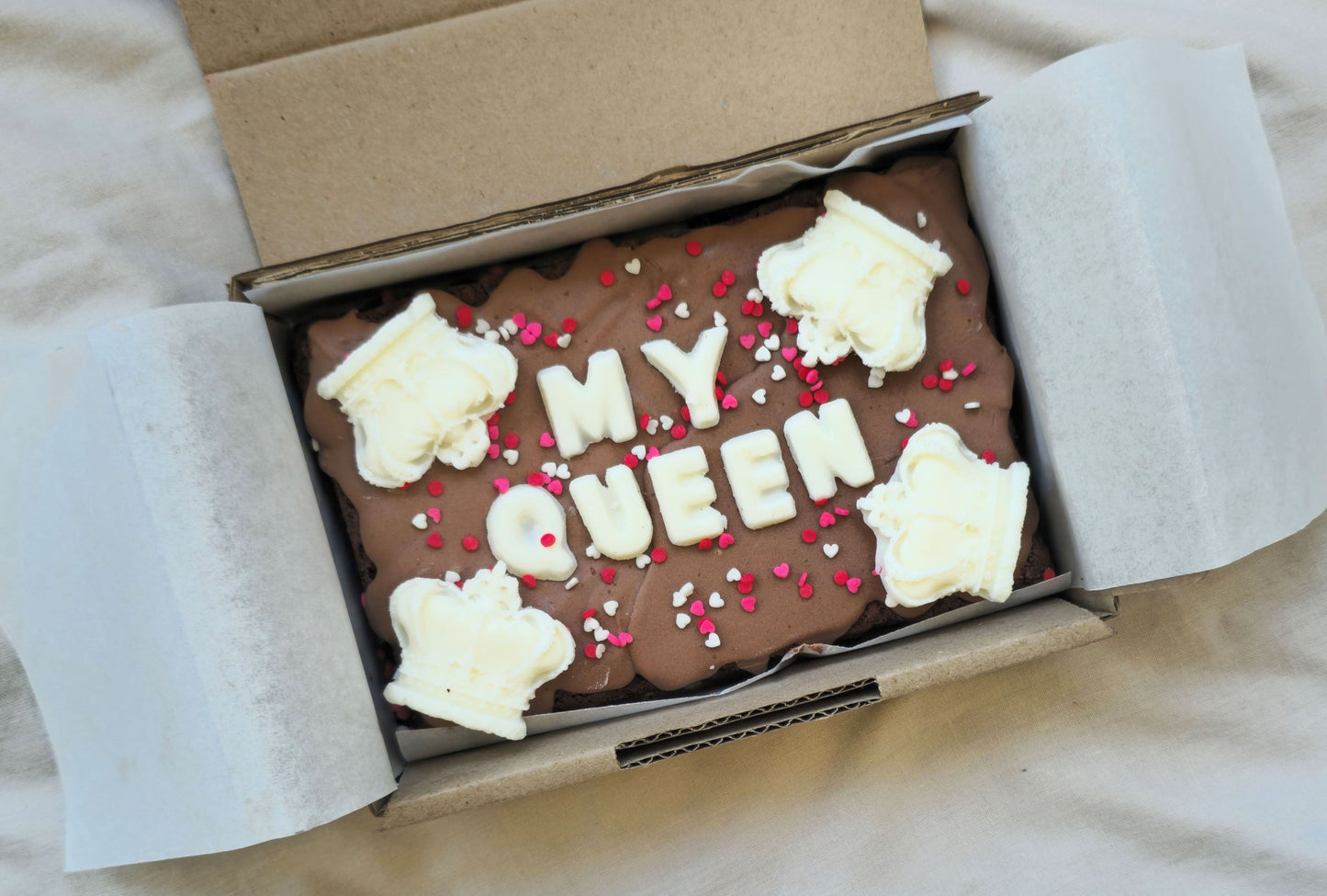 Valentines Day Custom Message Brownie with chocolate/sweet decor